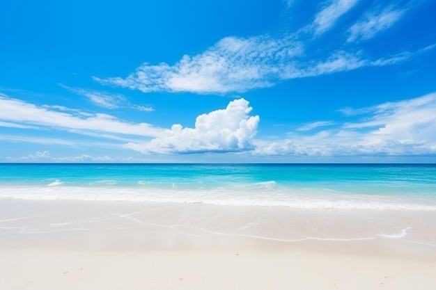 Beautiful tropical empty beach sea ocean with white cloud on blue sky background