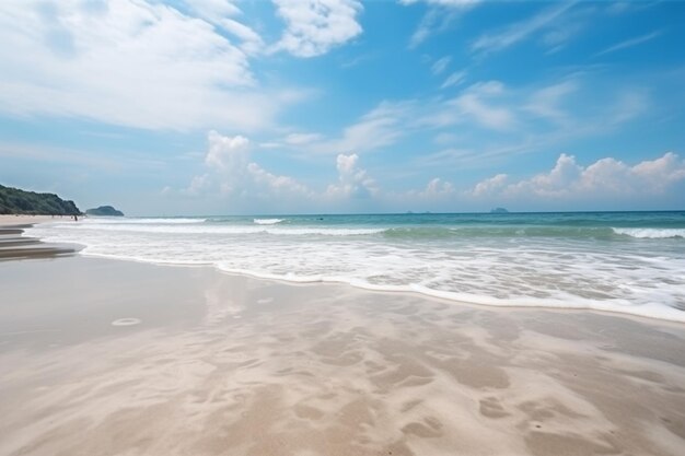 Beautiful tropical empty beach sea ocean with white cloud on blue sky background