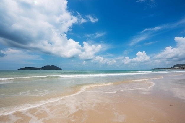 Beautiful tropical empty beach sea ocean with white cloud on blue sky background