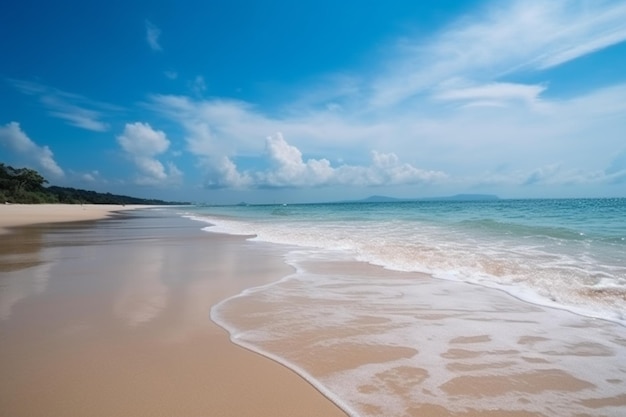 Beautiful tropical empty beach sea ocean with white cloud on blue sky background