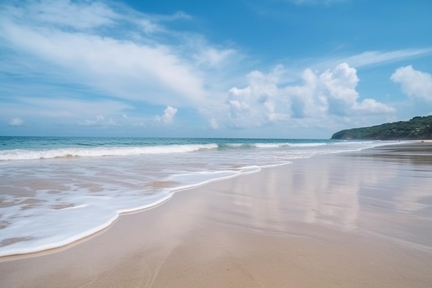 Beautiful tropical empty beach sea ocean with white cloud on blue sky background