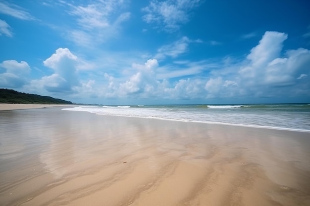 Beautiful tropical empty beach sea ocean with white cloud on blue sky background