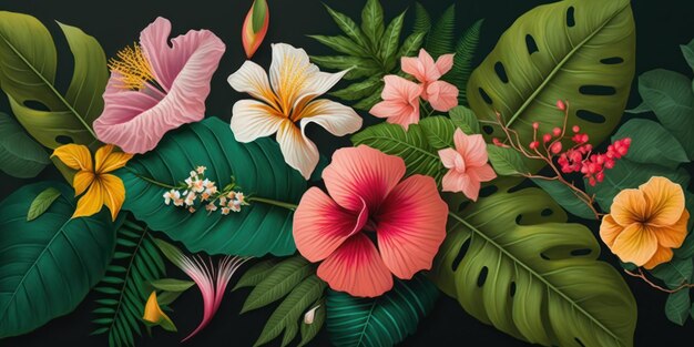 Beautiful tropical flowers background Generative AI