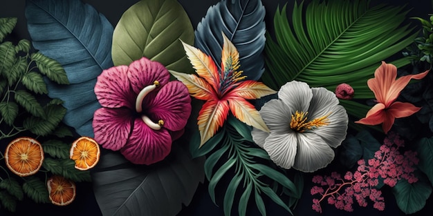 Beautiful tropical flowers background Generative AI