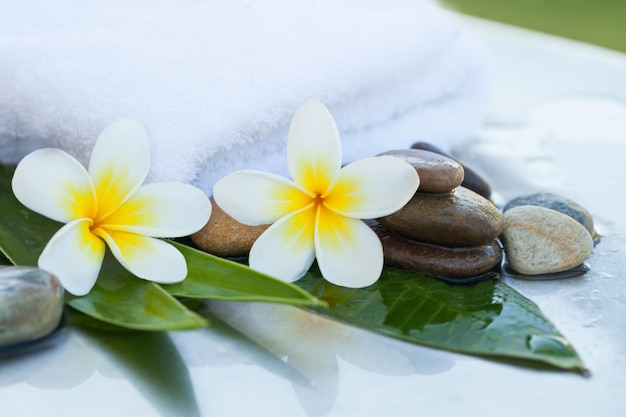 Beautiful tropical flowers towel and stones