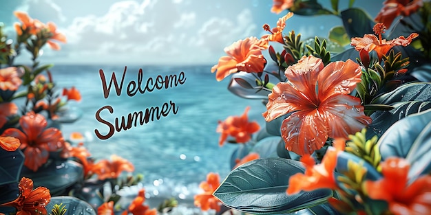 Photo beautiful tropical flowers with ocean on background welcome summer inscription against blue sky