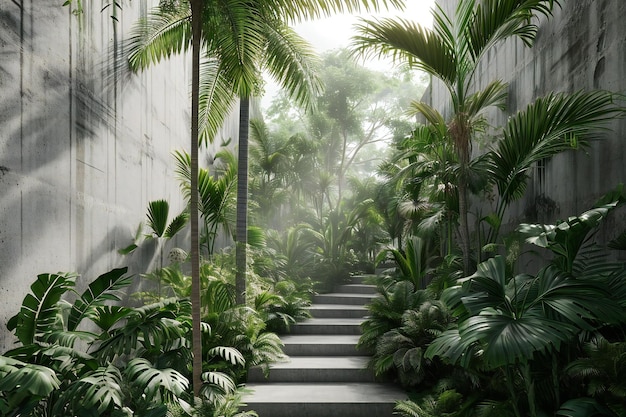 Photo a beautiful tropical garden with stairs and palm trees