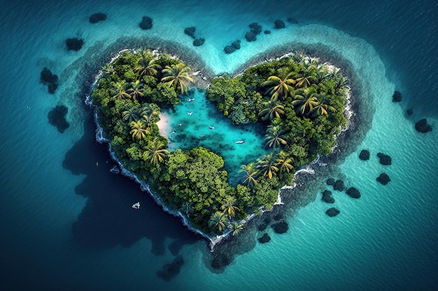 Beautiful tropical island in the shape of a heart Ai generated