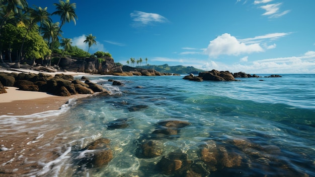 Beautiful tropical island with palm trees and beach panorama as background image