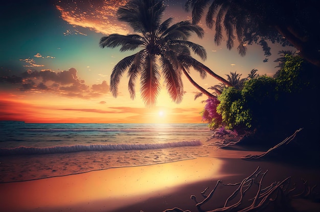 Beautiful tropical landscape of amazing beach in the summer season with sunset in background