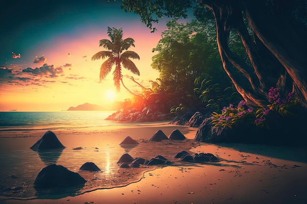 Beautiful tropical landscape of amazing beach in the summer season with sunset in background