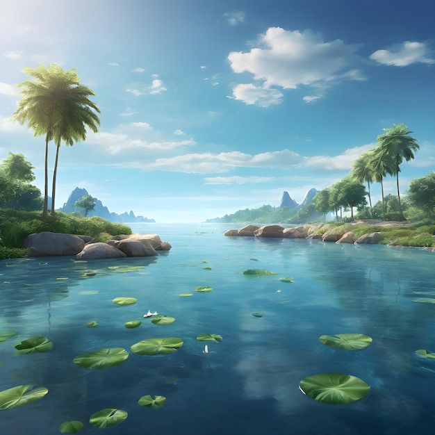 Beautiful tropical landscape with palm trees and lake 3d render