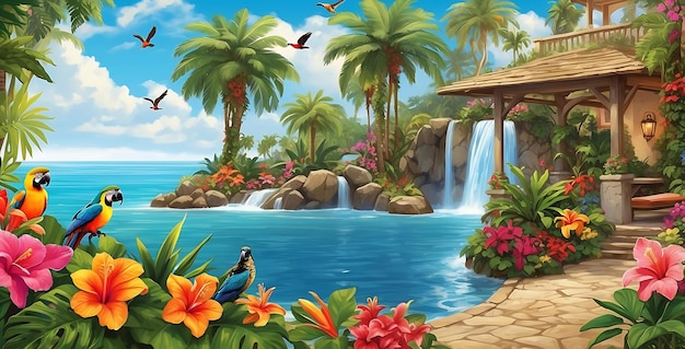 Photo beautiful tropical landscape with waterfall and palm trees illustration for children