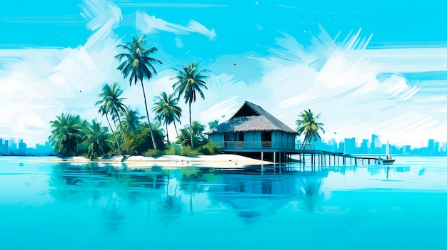 Beautiful tropical Maldives island with beach and sea Digital painting