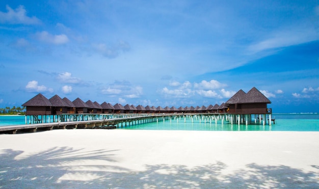 Beautiful tropical Maldives island with beach Sea with water bungalows