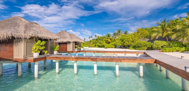 Beautiful tropical Maldives resort hotel and island with beach and sea on sky for holiday vacation