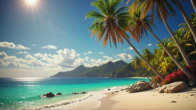 Foto bella spiaggia paradisiaca tropicale con palme in una calda giornata estiva e cielo nuvoloso