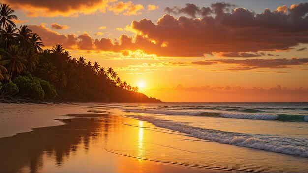 Красивый тропический райский пляж с пальмами в жаркий летний день и облачное небо