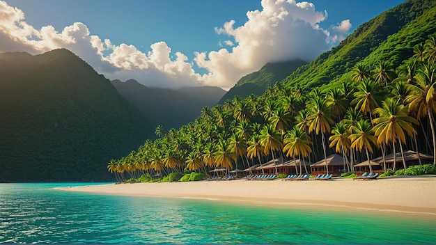 Фото Красивый тропический райский пляж с белым песком и пальмами в солнечный летний день
