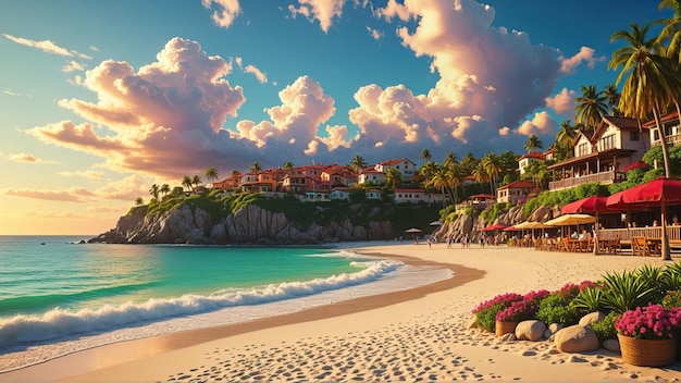 Beautiful tropical paradise beach with white sand and palm trees on sunny summer day