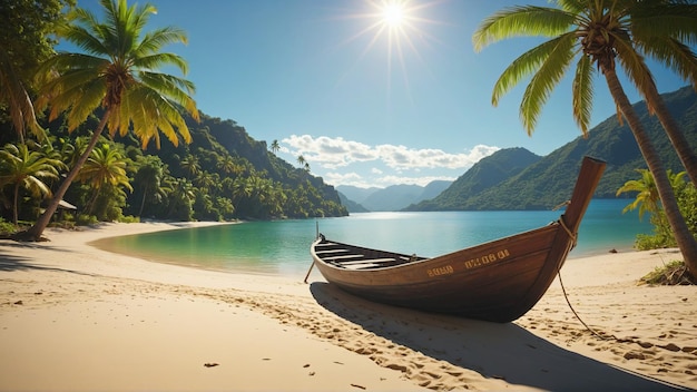 Beautiful tropical paradise beach with wooden boat and palm trees on sunny summer day Perfect land
