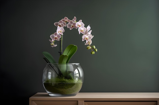 Beautiful tropical pink phalaenopsis orchid in a glass pot on a chest of drawers in an interior with green wall dark background Copy space Ai generated