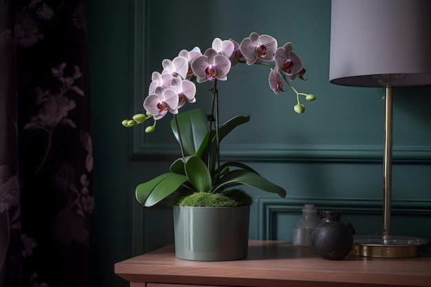 Beautiful tropical pink phalaenopsis orchid in a pot on a chest of drawers in an interior with green wall dark background Copy space Ai generated