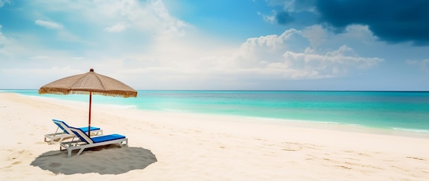 Beautiful tropical sandy beach banner White sand chairs and umbrella wide panorama amazing beach