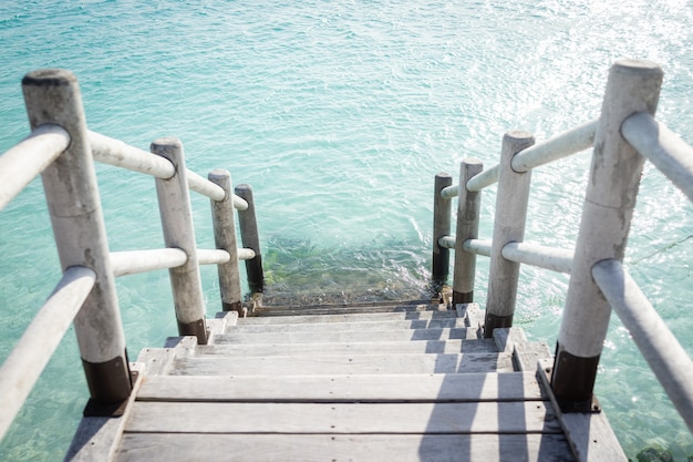 Beautiful tropical steps into turquoise sea beach water