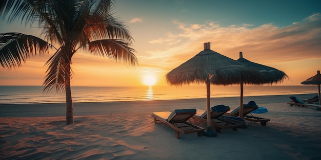 Beautiful tropical sunset scenery two sun beds loungers umbrella under palm tree