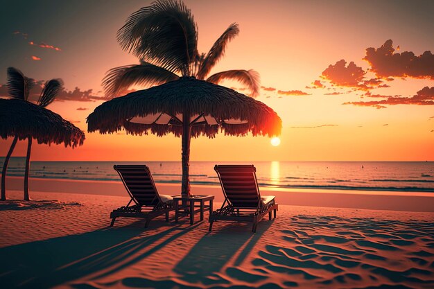 Beautiful tropical sunset scenery two sun beds loungers umbrella under palm tree