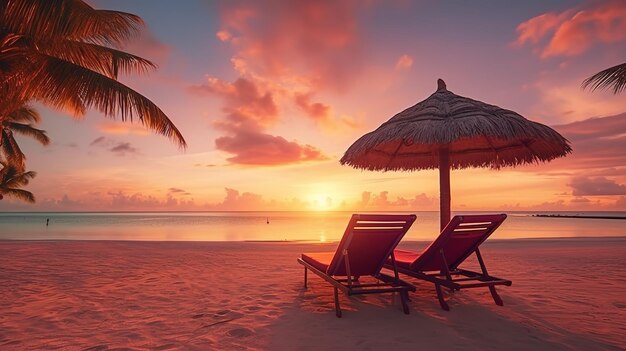 Beautiful tropical sunset view two sun beds chairs umbrellas under the palm trees White sand oc