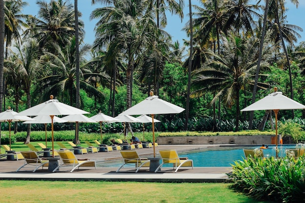 Beautiful tropical swimming pool in hotel or resort with umbrella coconuts tree sunloungers palm trees during a warm sunny day paradise destination for vacations