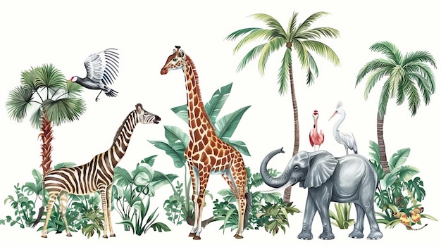 Красивый тропический винтажный иллюстрационный клип-арт на фоне с японскими журавлями, слонами, жирафами и цапкой, изолированный на белом