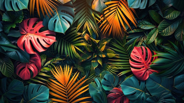 Photo beautiful tropical wallpaper with palm leaves juicy dark colorful