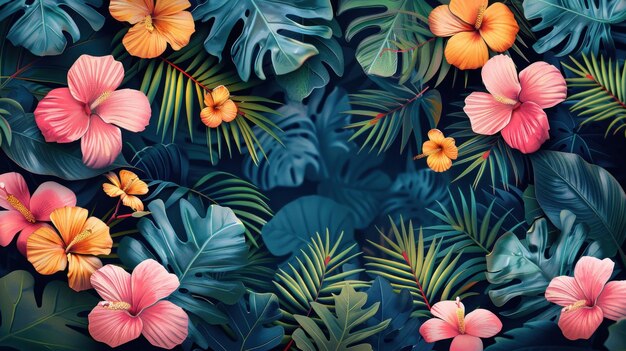 Photo beautiful tropical wallpaper with palm leaves juicy dark colorful