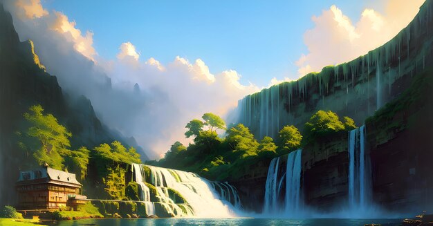 Photo beautiful tropical waterfall pond in the forest jungle fantasy nature landscape wallpaper ai generated for childrens books stories fairy tales