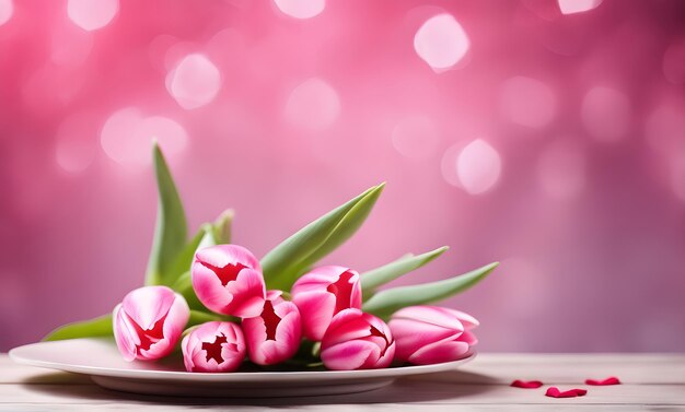 Beautiful tulip flowers bouquet and bokeh background Valentine's day or Mother's day greeting card with space