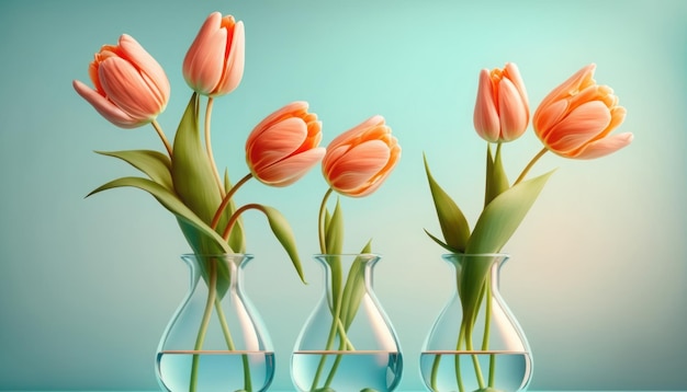 Beautiful tulip flowers in glass vases on a light blue background For easter and spring greeting cards Ai generated