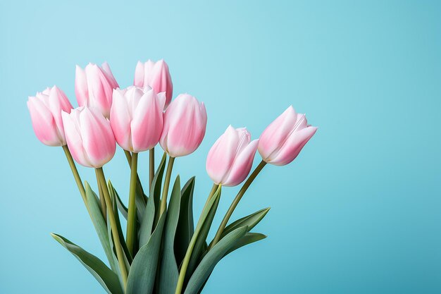 Foto bel tulipani su uno sfondo blu asciugamano congratulatorio con spazio per il testo