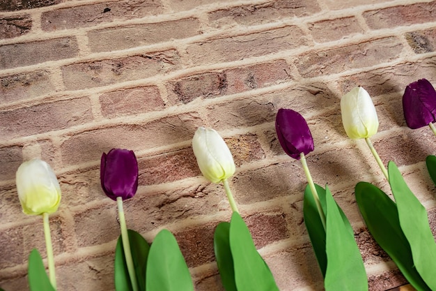 Beautiful tulips on brick wall background Lovely greeting card with tulips for Mothers day