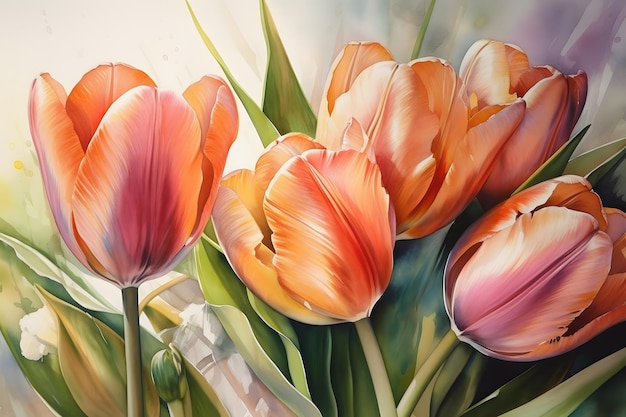 Beautiful tulips brought to life in a watercolor painting Generative AI