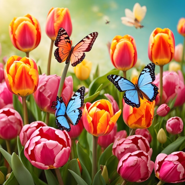 Beautiful tulips and butterflies spring nature background