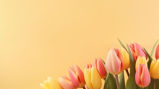 노란색 배경에 고립 된 아름다운 립 꽃 로맨틱 봄 레이아웃 텍스트를 위해 복사 공간