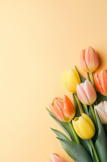 Beautiful tulips isolated on yellow background floral romantic spring layout copy space for text