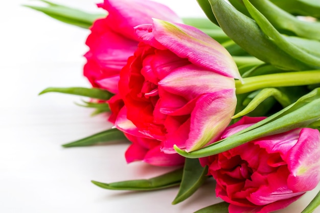 Beautiful tulips on white wooden table Close up Holiday background