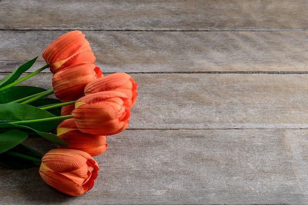 Beautiful tulips on wooden background