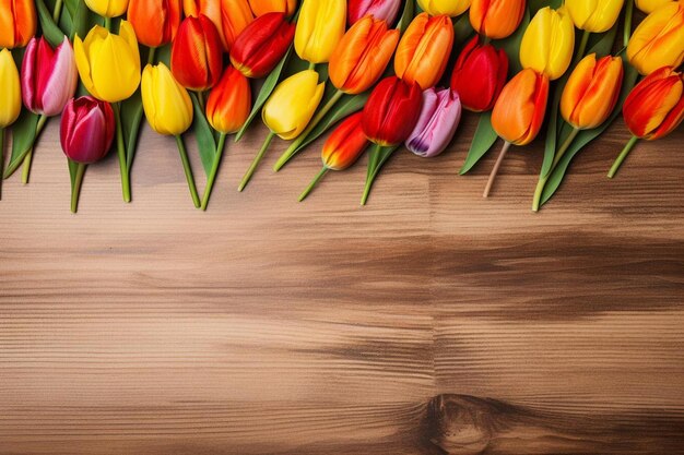 Foto bellissimi tulipani sullo sfondo di legno