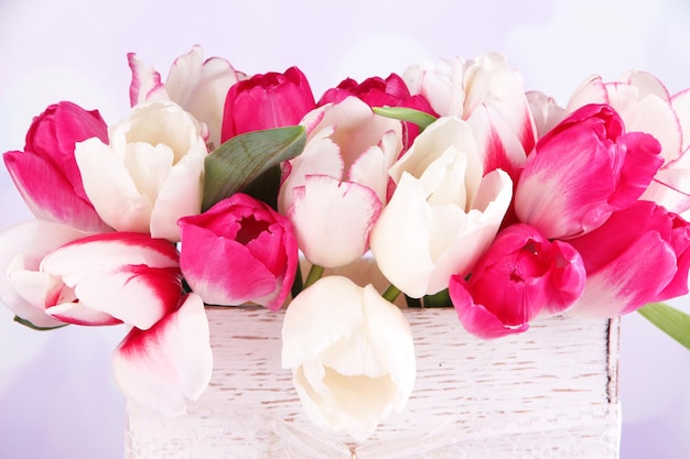 Beautiful tulips  in wooden box, on light background