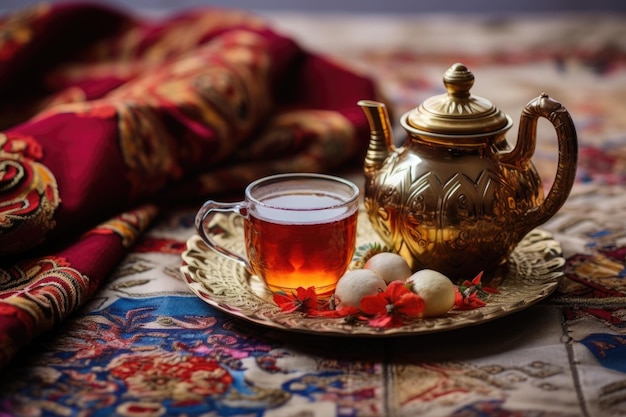 a beautiful Turkish tea set on a table cloth